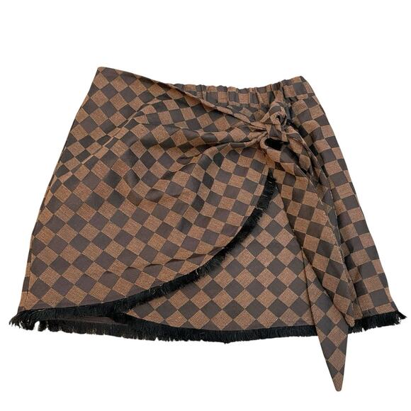 Judith March Checkered Plaid Wrap Mini Skirt Small Woven Fringe Brown Preppy - Picture 4 of 10
